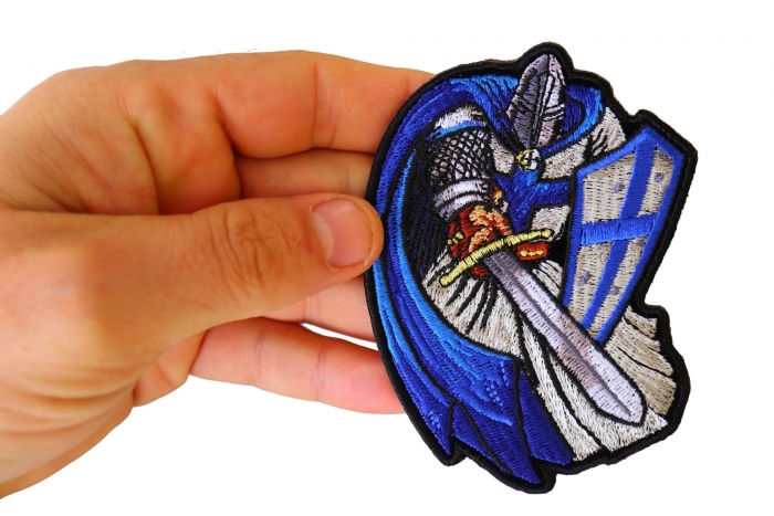 Blue Knight Patch, Small Embroidered Iron on Patches shown on hand for size comparison