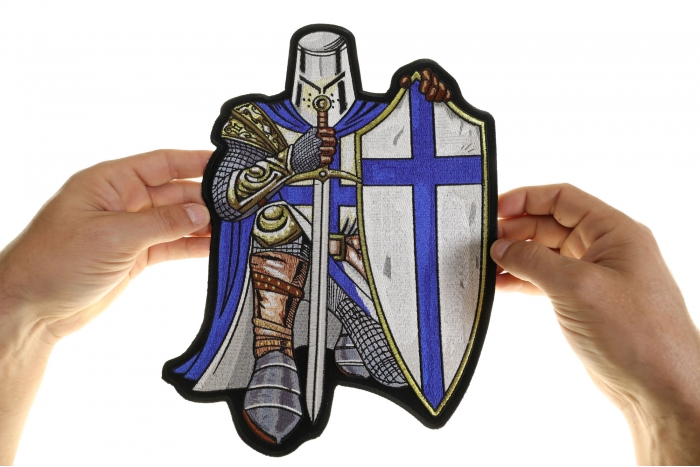 Blue Knight Kneeling Knight Patch, Large Christian Back Patches shown on hand for size comparison