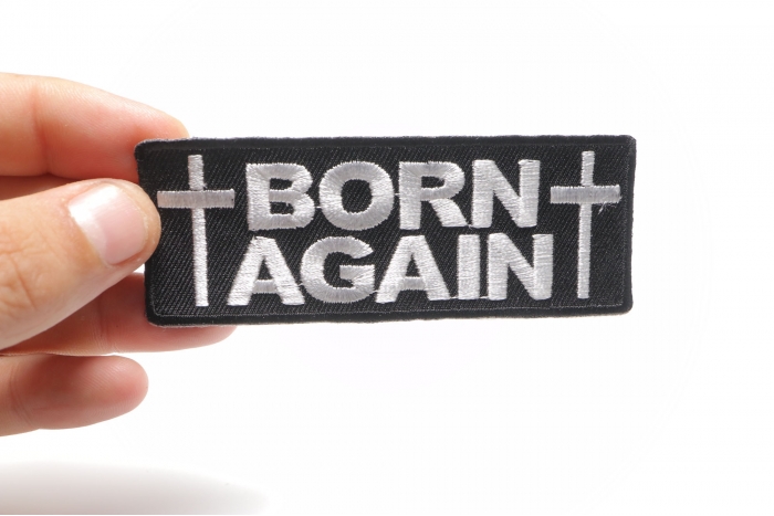 Born Again Christian Patch shown on hand for size comparison