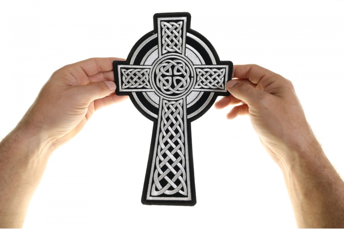 Celtic Cross Patch, Large Christian Back Patches shown on hand for size comparison