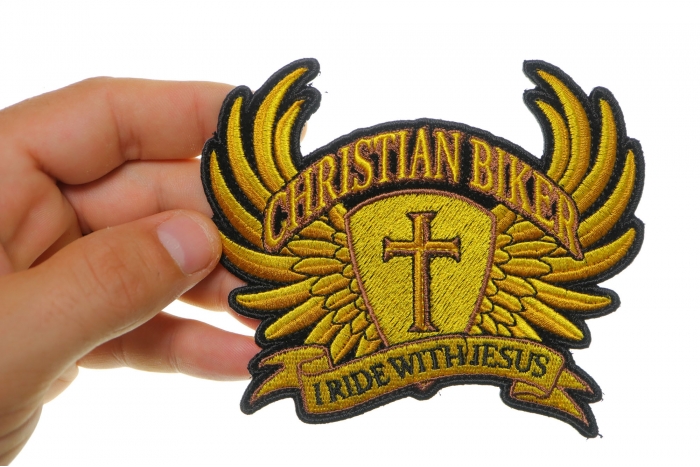 Christian Biker Patch, Small Embroidered Iron on Patches shown on hand for size comparison