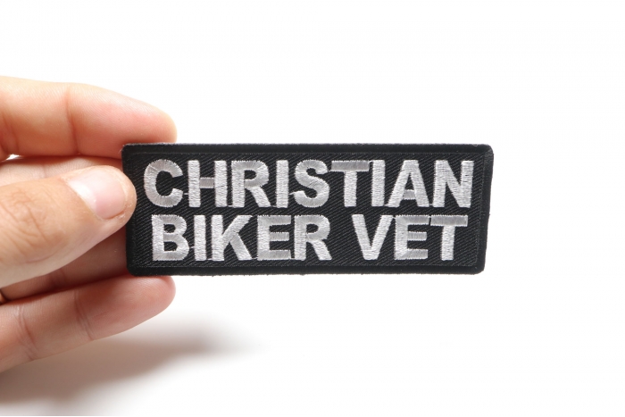 Christian Biker Vet Patch, Christian Saying Patches shown on hand for size comparison