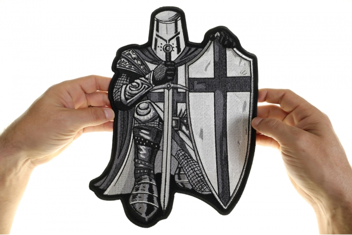 Kneeled Knight Patch, Large Christian Back Patches shown on hand for size comparison