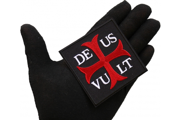 Deus Vult GOD WILLS Christian Patch shown on hand for size comparison
