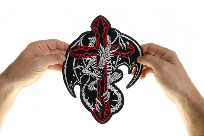 Dragon and Cross Patch, Large Skull Patches for Biker Jackets shown on hand for size comparison