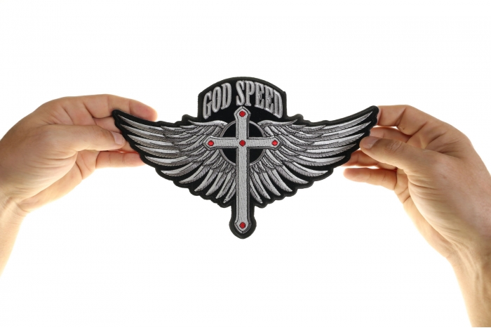 God Speed Cross and Wings Patch, Large Christian Back Patches shown on hand for size comparison
