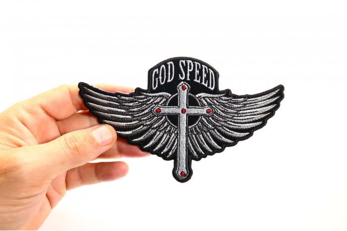God Speed Patch, Small Embroidered Iron on Patches shown on hand for size comparison