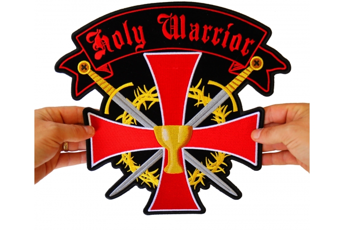 Holy Warrior Christian Cross Swords and Holy Grail Patch, Large Christian Back Patches shown on hand for size comparison