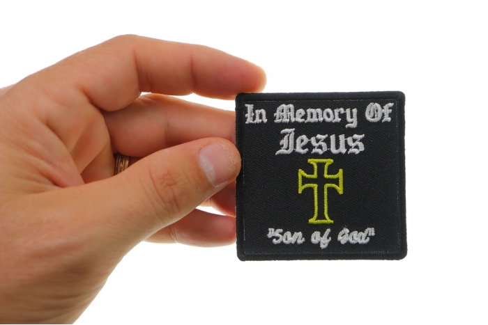 In Memory Of Jesus Son Of God Patch shown on hand for size comparison