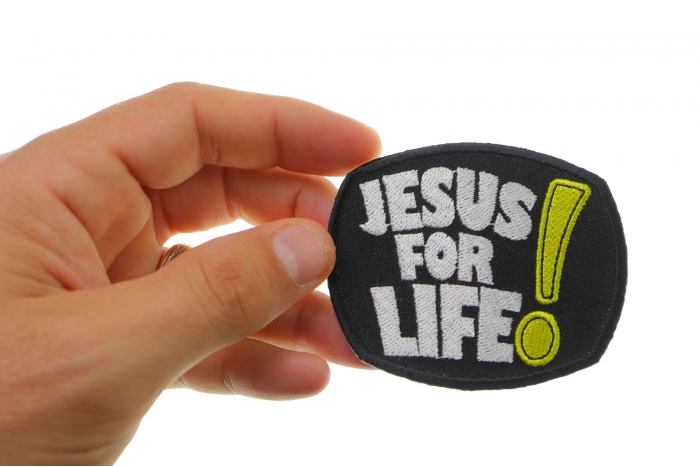Jesus For Life Patch, Christian Patches shown on hand for size comparison