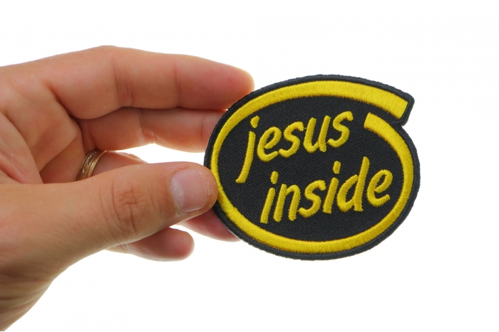 Jesus Inside Patch shown on hand for size comparison