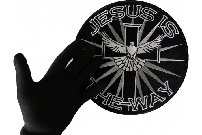 Jesus is the Way Patch, Large Christian Back Patches shown on hand for size comparison