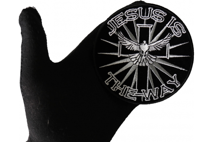 Jesus is the Way Patch, Small Embroidered Iron on Patches for Vests shown on hand for size comparison
