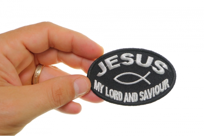 Jesus My Lord and Saviour Patch shown on hand for size comparison
