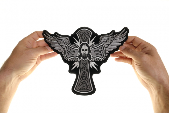 Christian Cross Jesus Patch, Large Christian Back Patches shown on hand for size comparison