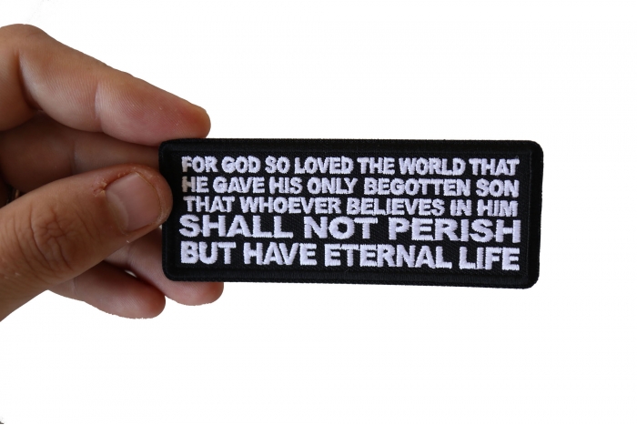 John 3 16 Quote Patch shown on hand for size comparison