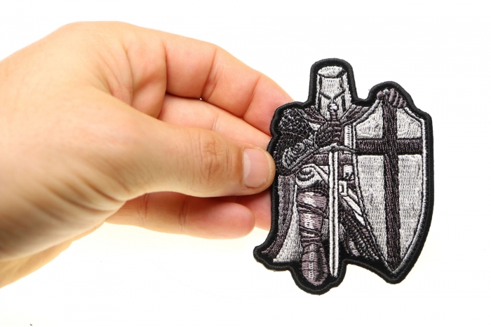 Kneeling Knight Crusader Mini Patch shown on hand for size comparison
