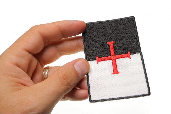 Knights Templar Flag Patch shown on hand for size comparison