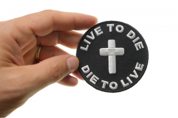 Live To Die To Live Round Christian Patch shown on hand for size comparison