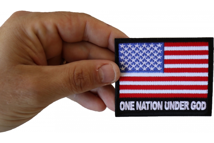 One Nation Under God American Flag Patch shown on hand for size comparison