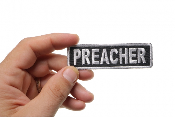 Preacher Patch, Christian Saying Patches shown on hand for size comparison