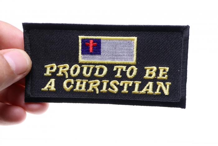 Proud To Be A Christian Patch, Saying Patches shown on hand for size comparison