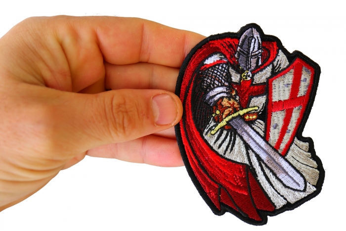Crusader Patch, Sew on Leather Jacket Patches shown on hand for size comparison