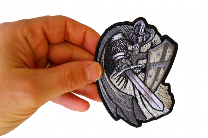 Crusader Iron on Applique Patch for Jackets shown on hand for size comparison