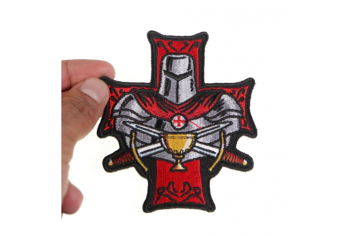 Templar Holy Grail Christian Iron on Patch shown on hand for size comparison