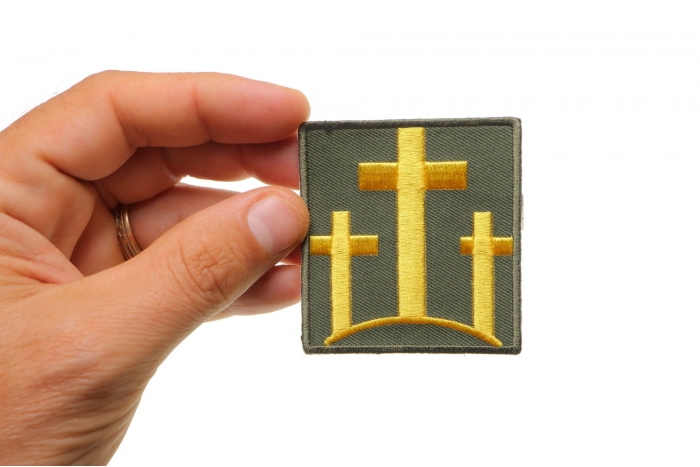 Three Crosses Patch, Christian Patches shown on hand for size comparison