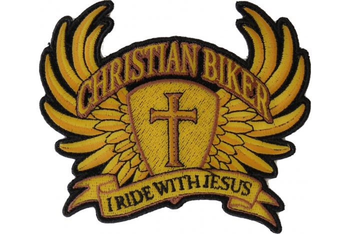 Christian Biker Iron on Patch Small In Brown I Ride With Jesus