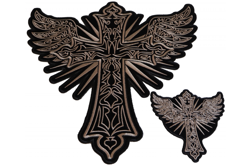 Christian Cross with Wings Small and Large Patch Set
