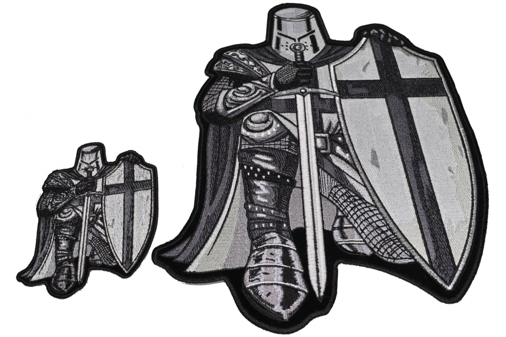 Kneeling Crusader Knight Black and White 2 Piece Patch Set