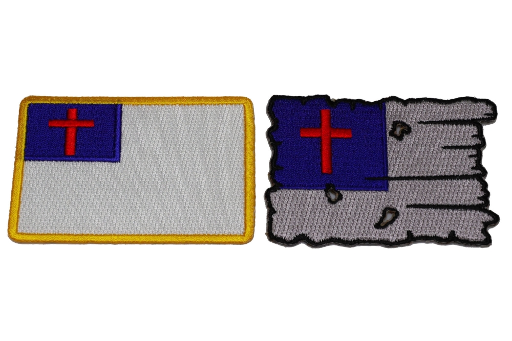 Set of 2 Christian Flag Patches Tattered and Regular