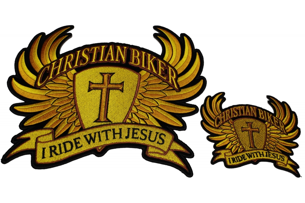 Set of 2 Small and Large Gold Christian Biker Patches