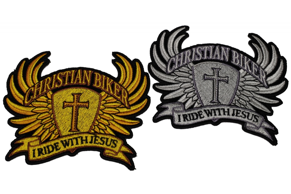 Set of 2 Small Christian Biker Patches in Silver and Gold