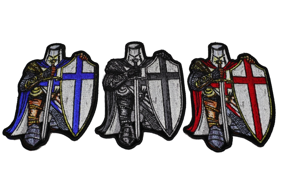 Set of 3 Kneeling Crusader Knight Patches in Blue Red and Gray