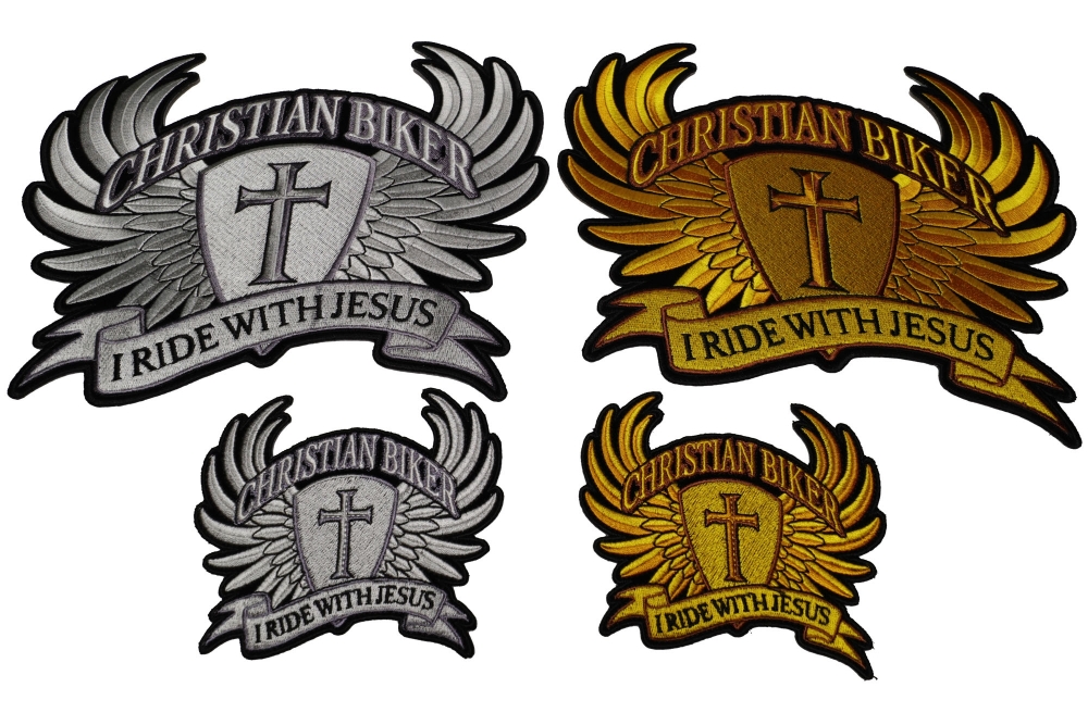 Set of 4 Small and Large, Gold and Silver Christian Biker Patches