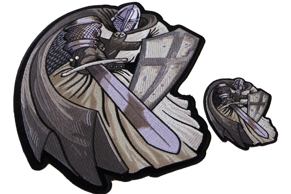 Silver Caped Crusader Knight Patch with Sword and Shield Small and Large Christian Patch Set