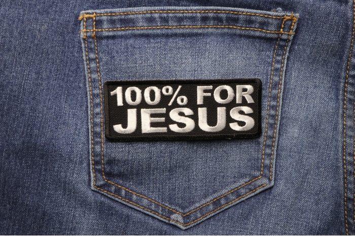 100 Percent For Jesus Christian Patch shown on jeans