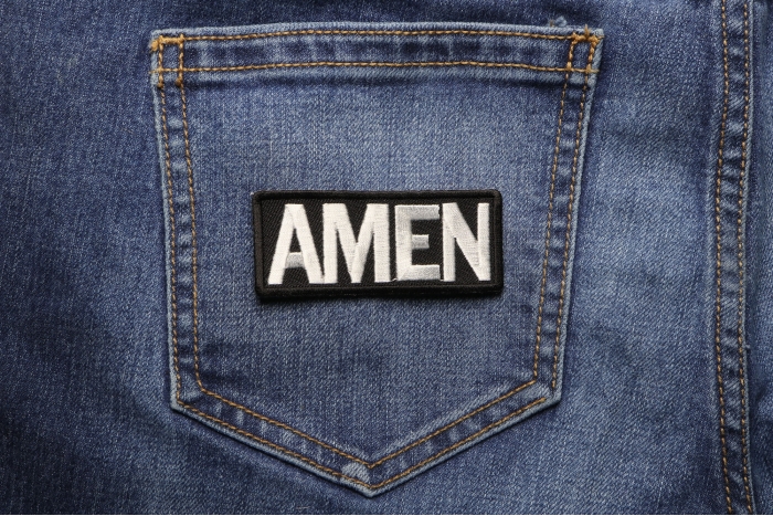 Amen Christian Patch shown on jeans