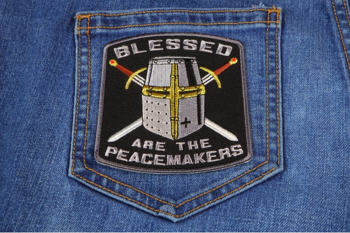 Blessed Are The Peacemakers Knight Christian Patch shown on jeans