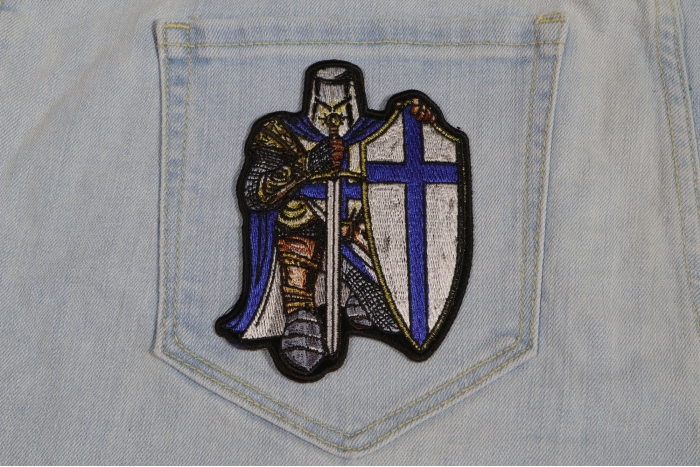 Blue Knight Christian Patch shown on jeans