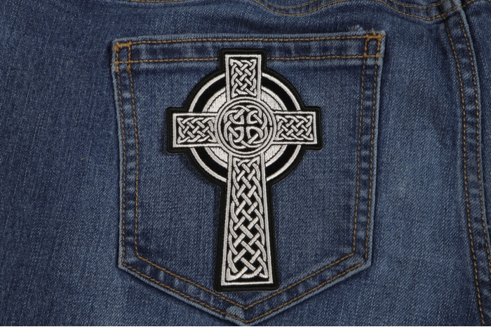 Celtic Cross Small Christian Patch shown on jeans