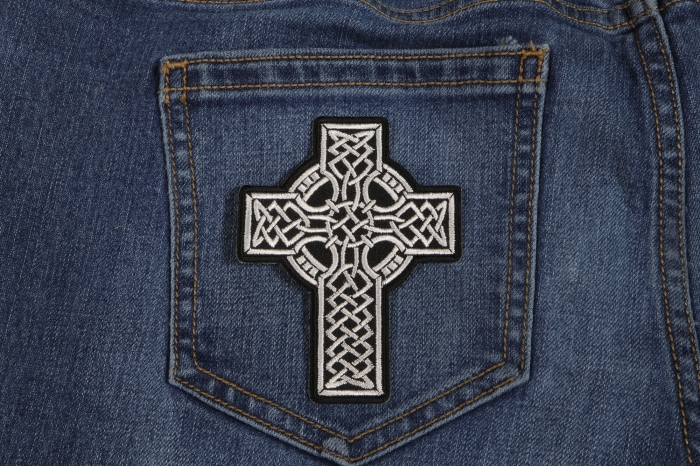 Celtic Design Cross Christian Patch shown on jeans
