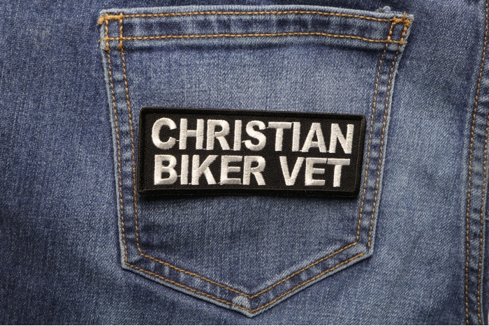 Christian Biker Vet Patch shown on jeans