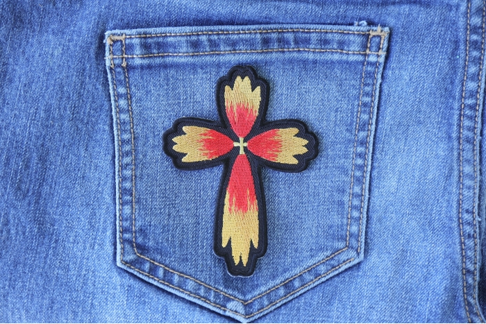 Christian Cross Flower Petal Patch shown on jeans