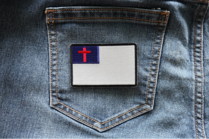 Christian Flag Patch with Black Borders shown on jeans
