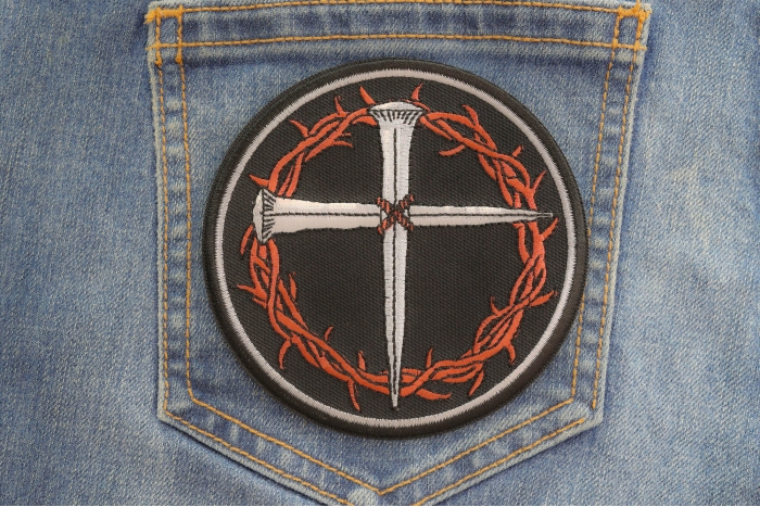Nail Cross with Thorns Christian Patch shown on jeans