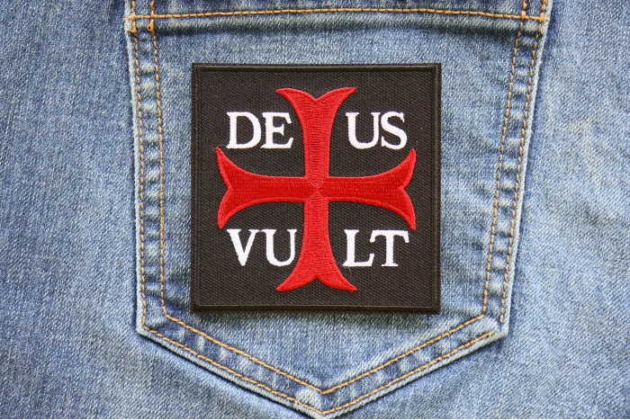 Deus Vult GOD WILLS Christian Patch shown on jeans